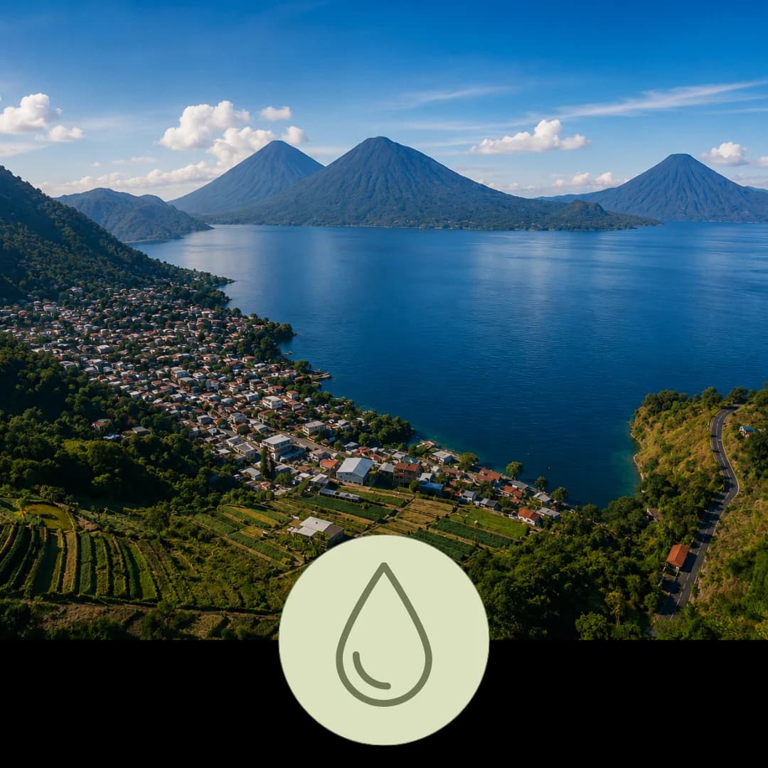 Aerial view of Lake Atitlán and its volcanoes