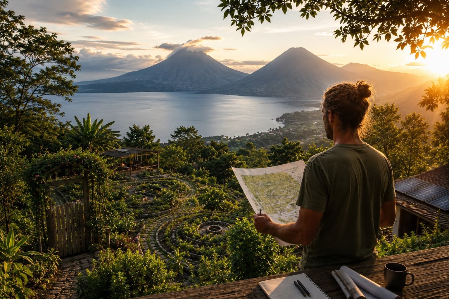 A designer studies a permaculture master plan on a terrace overlooking Lake Atitlán at sunset