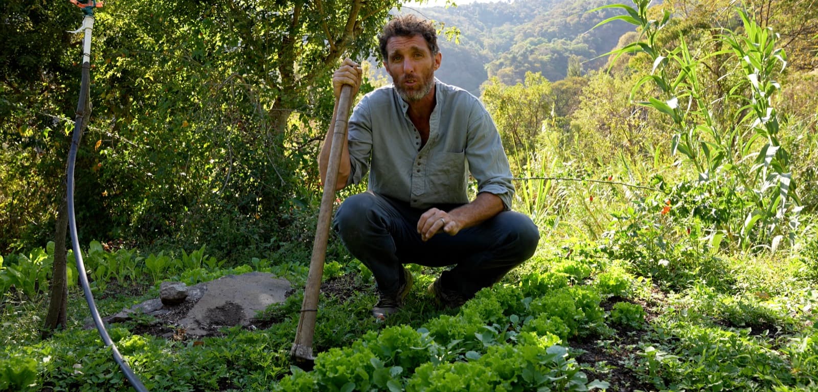 Neal in the food-forest garden at Granja Tz’ikin, Lake Atitlán