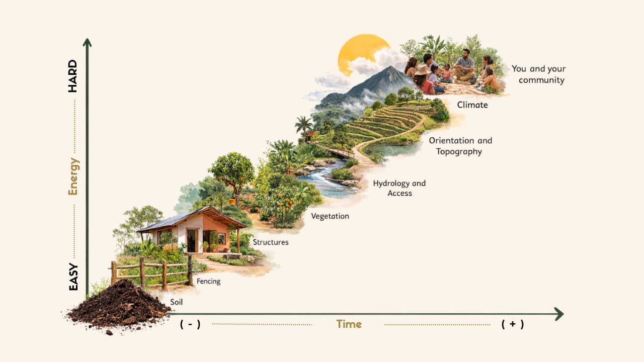 The scale of permanence — soil (easy to change) up through fencing, structures, vegetation, water, topography and climate to you and your community (hardest), plotted against energy and time