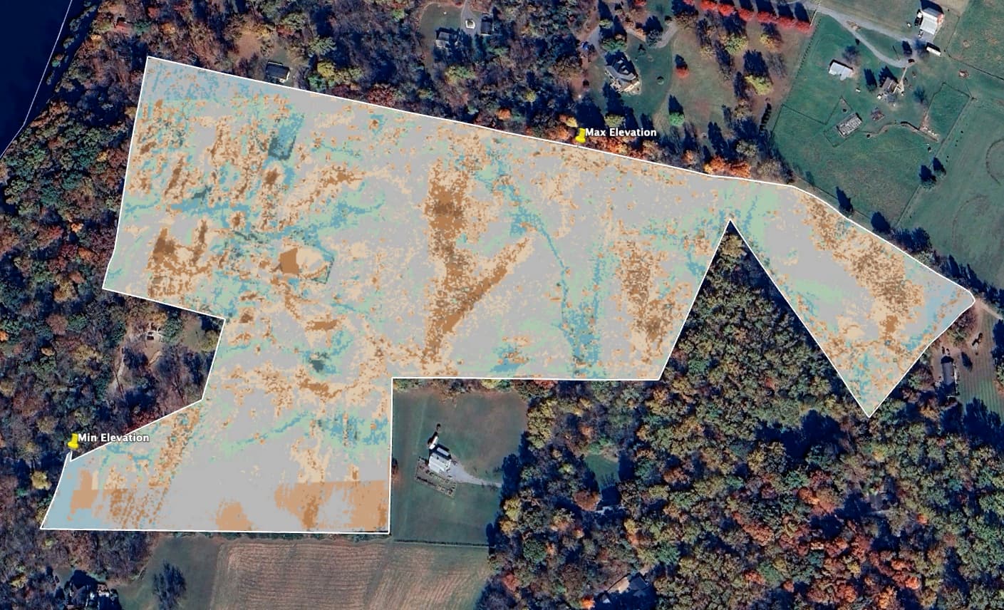 Water flow and accumulation map tracing where water moves and collects