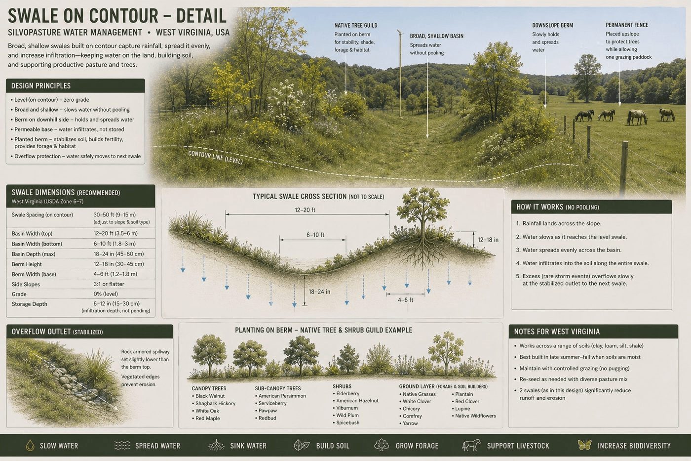 Swale on contour technical detail with cross section and planting guild