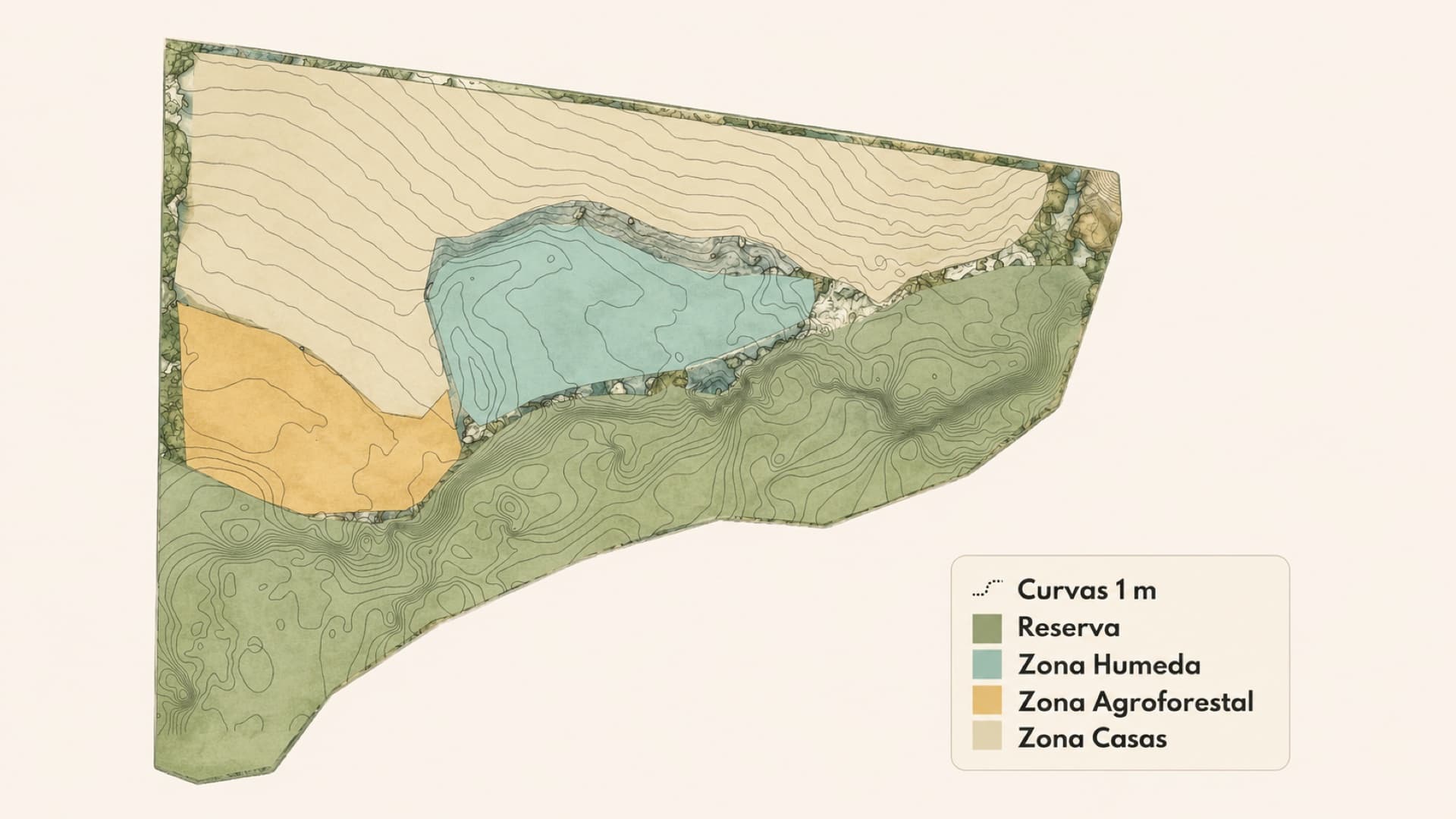 Zone map of a property — reserve, wetland, agroforestry and housing zones drawn over 1m contour lines